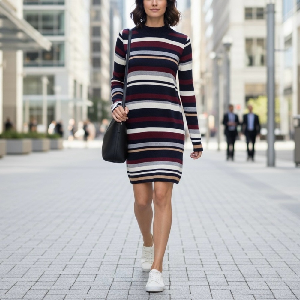 Cotton Emporium Striped Mock Neck Sweater Dress Navy Oversized Size Small